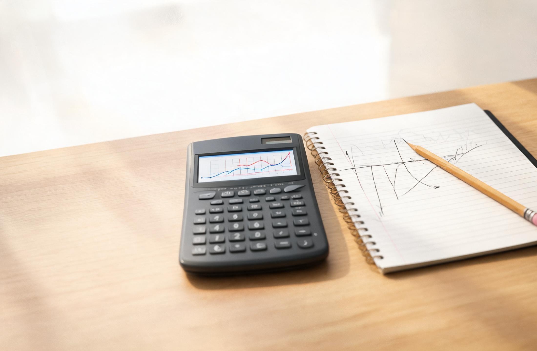 A TI-84 Plus CE graphing calculator on a desk beside a maths notebook and pencil